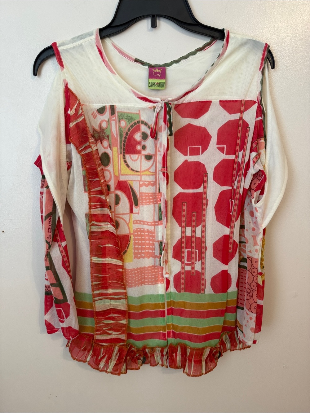 Save the Queen Y2K Colorful Abstract Long Sleeve Blouse XL Mesh Made in Italy